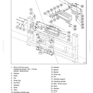 May include: A technical diagram titled SECTION 84 - BACKHOE showing the disassembly and assembly of a backhoe component. The image features a line drawing with numbered parts and a corresponding list detailing items like M14 x 210 hex screws.