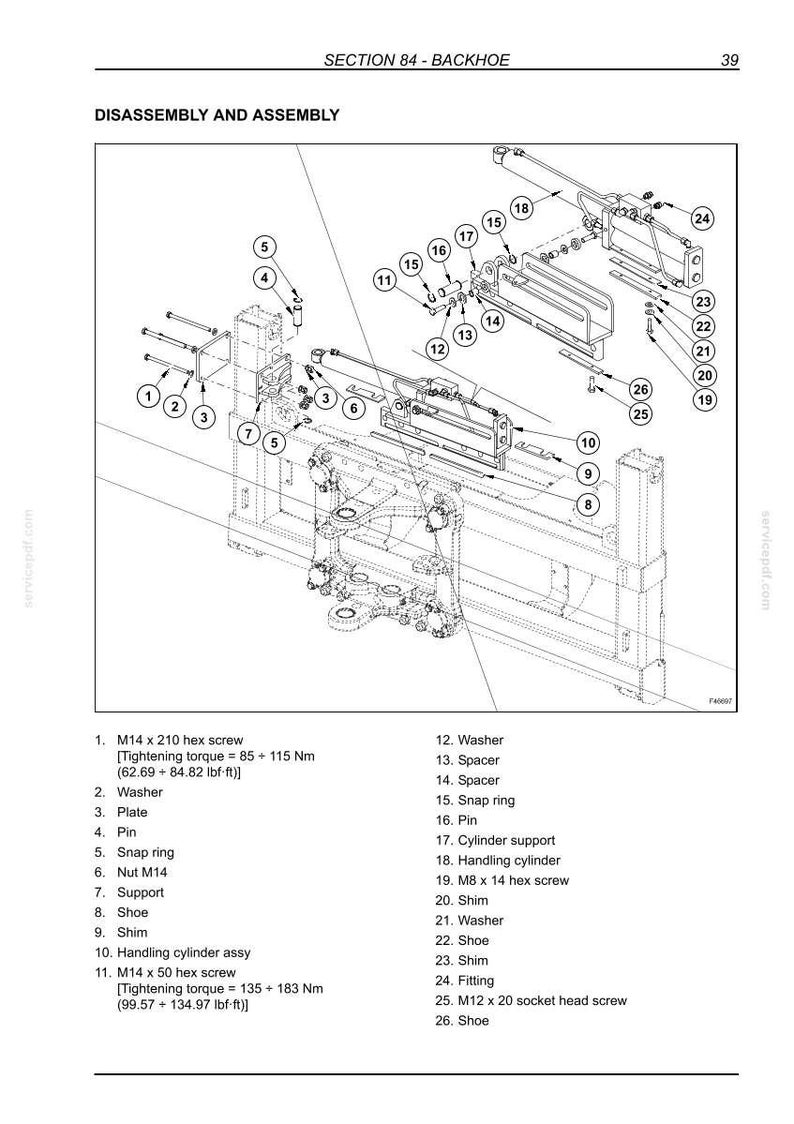 May include: A technical diagram titled SECTION 84 - BACKHOE showing the disassembly and assembly of a backhoe component. The image features a line drawing with numbered parts and a corresponding list detailing items like M14 x 210 hex screws.