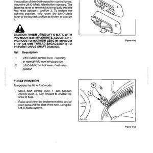 May include: A technical manual page titled CONTROLS, INSTRUMENTS, AND OPERATION, featuring diagrams of a Lift-O-Matic control lever. It includes instructions for operation, a caution note regarding 38 mm thread engagement, and two figures.