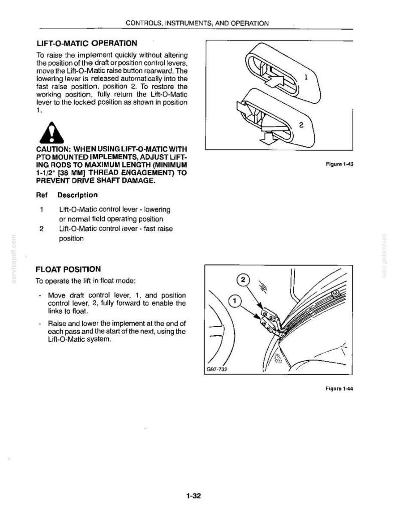 May include: A technical manual page titled CONTROLS, INSTRUMENTS, AND OPERATION, featuring diagrams of a Lift-O-Matic control lever. It includes instructions for operation, a caution note regarding 38 mm thread engagement, and two figures.