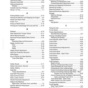 May include: A page from a manual with a table of contents titled "CHAPTER 9 - INDEX." The index lists various topics, including "Track System," "Safety Decals," and "Engine Specifications."