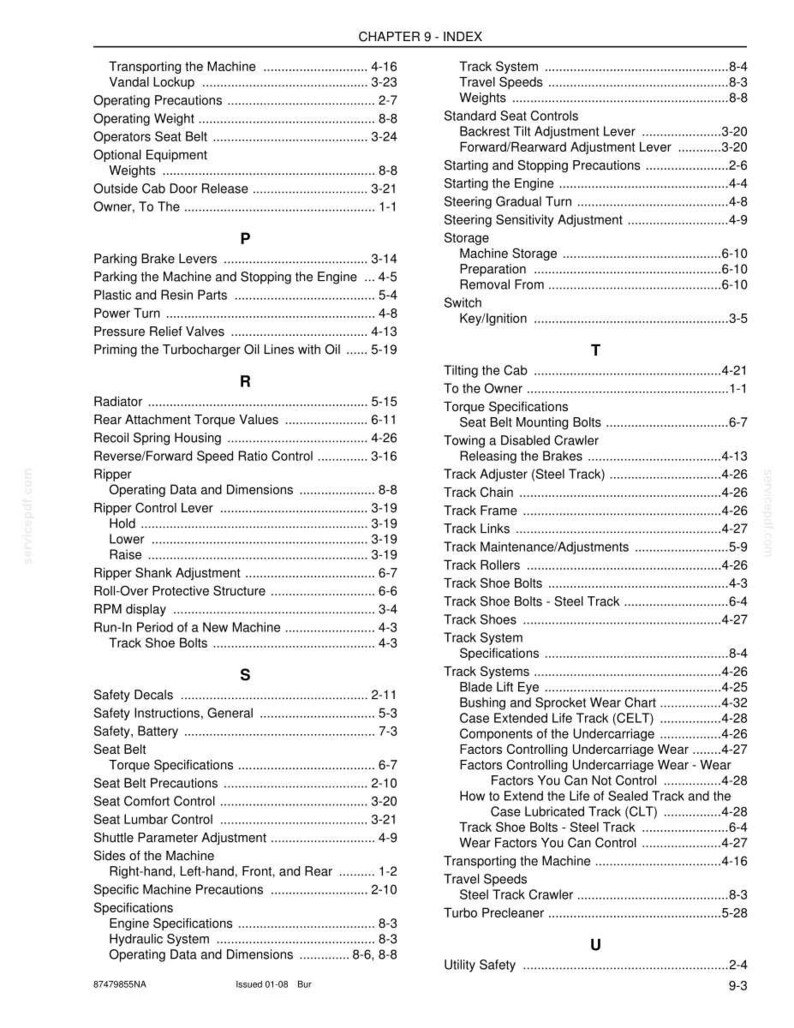 May include: A page from a manual with a table of contents titled "CHAPTER 9 - INDEX." The index lists various topics, including "Track System," "Safety Decals," and "Engine Specifications."