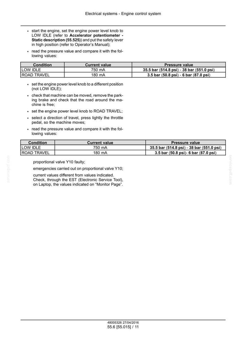 May include: A technical document titled "Electrical systems - Engine control system" with instructions and data tables. Includes values in bar and psi, and current values in mA. Contains troubleshooting steps for a proportional valve.