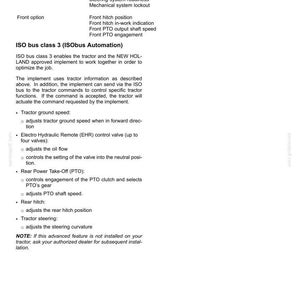 May include: A technical document page titled 6-WORKING OPERATIONS detailing ISO bus class 3 ISObus Automation for tractors. It lists guidance and front options, and explains functions for ground speed, hydraulic remote valves, PTO, and rear hitch control.