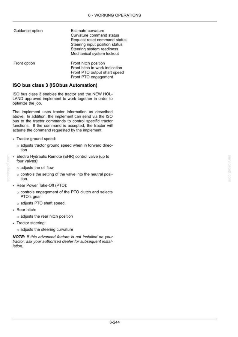 May include: A technical document page titled 6-WORKING OPERATIONS detailing ISO bus class 3 ISObus Automation for tractors. It lists guidance and front options, and explains functions for ground speed, hydraulic remote valves, PTO, and rear hitch control.