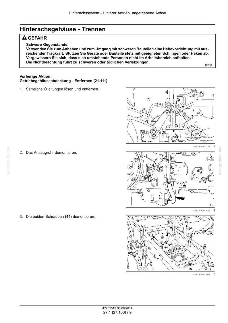 May include: A technical manual page titled Hinterachsgeh&auml;use - Trennen, featuring three black and white line drawings illustrating the disassembly of a rear axle housing. The document includes safety warnings in German and numbered instructional steps.