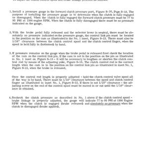 May include: A page from a manual titled "LINKAGE ADJUSTMENT." The text provides instructions on adjusting clutch control spool and brake linkage, including pressure gauge readings and clearance measurements. The page includes diagrams and figures.