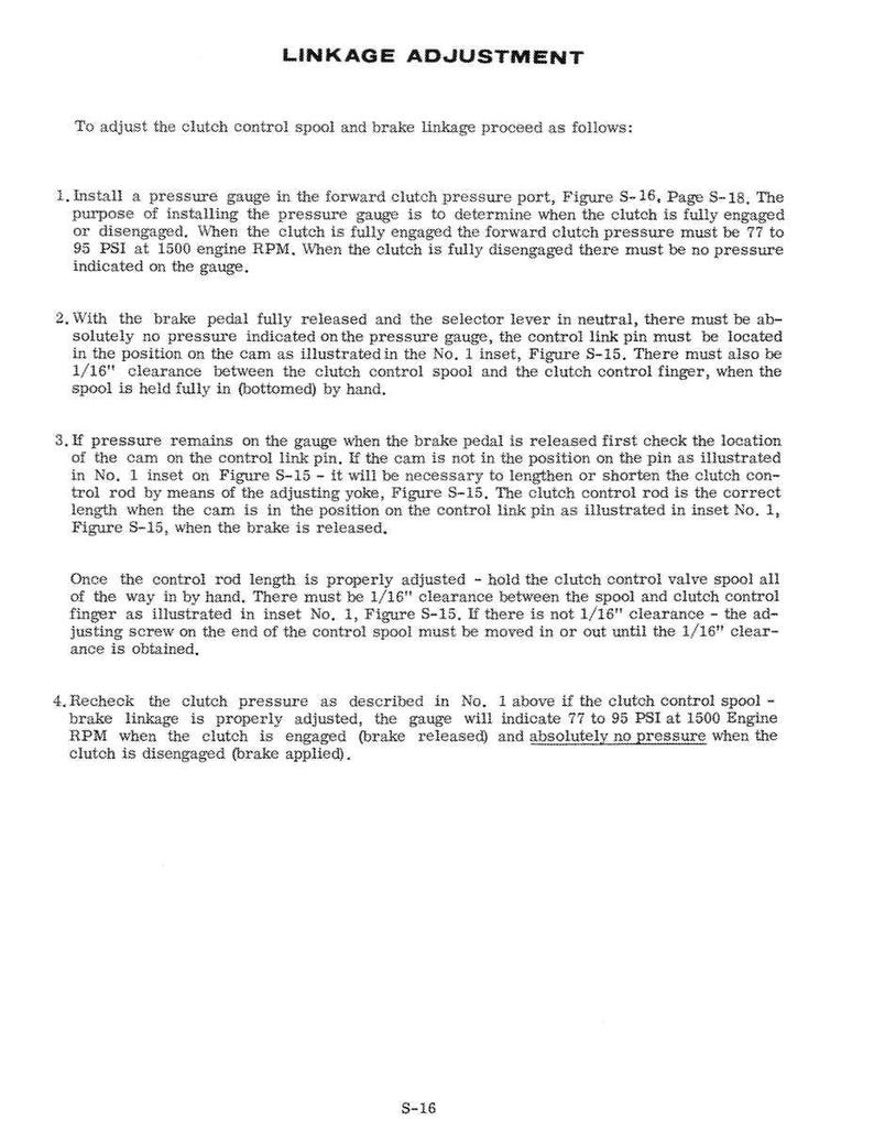 May include: A page from a manual titled "LINKAGE ADJUSTMENT." The text provides instructions on adjusting clutch control spool and brake linkage, including pressure gauge readings and clearance measurements. The page includes diagrams and figures.