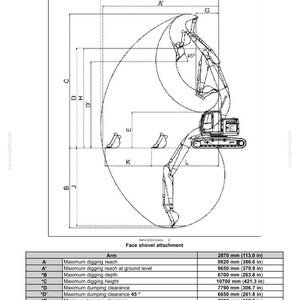 May include: A technical specification diagram for a face shovel attachment on an excavator, featuring a line drawing of the machine's reach and digging range with labeled points A through L and a corresponding table of measurements in inches.