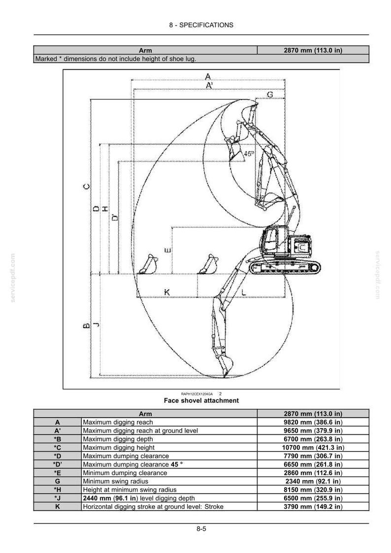 May include: A technical specification diagram for a face shovel attachment on an excavator, featuring a line drawing of the machine's reach and digging range with labeled points A through L and a corresponding table of measurements in inches.