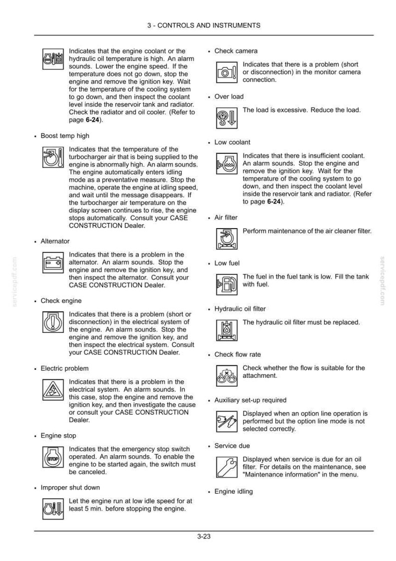 May include: A page from a manual titled "3 - CONTROLS AND INSTRUMENTS" with various icons and text descriptions. Topics include engine coolant, boost temp, alternator, check engine, electric problem, and engine stop.