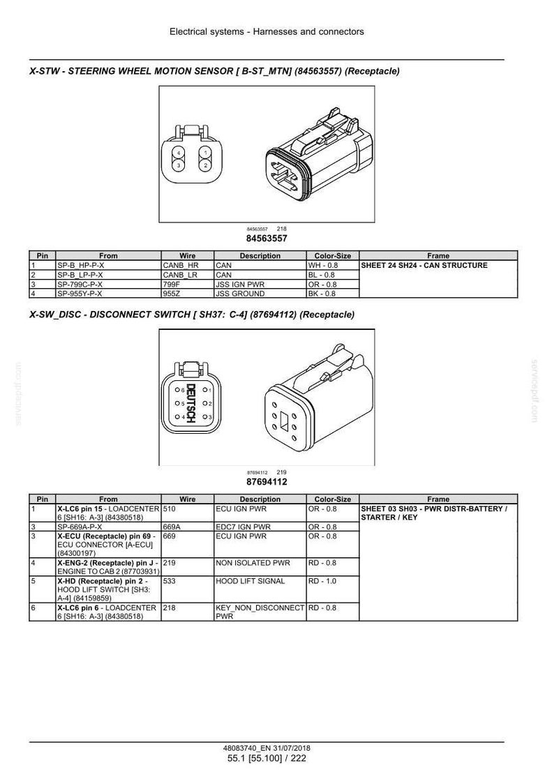 May include: Diagram of electrical system components, including connectors and wiring schematics. Features detailed illustrations of receptacles, sensors, and switches with labels and specifications. Includes measurements in inches.