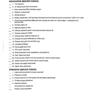 May include: A black and white document titled FIRST 50-HOUR SERVICE, listing maintenance tasks for machinery. It includes INOPERATIVE SERVICE CHECKS with 23 numbered items like tyre pressure and oil changes, and OPERATIVE SERVICE CHECKS with 5 items.