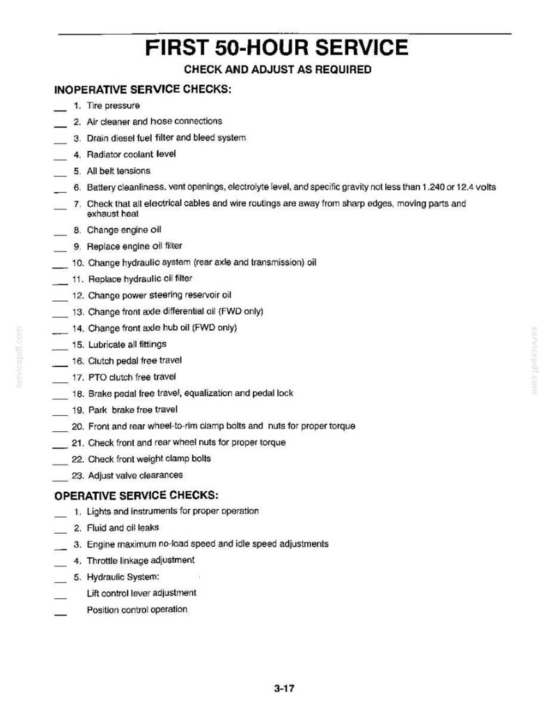 May include: A black and white document titled FIRST 50-HOUR SERVICE, listing maintenance tasks for machinery. It includes INOPERATIVE SERVICE CHECKS with 23 numbered items like tyre pressure and oil changes, and OPERATIVE SERVICE CHECKS with 5 items.
