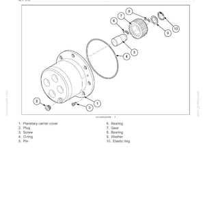 May include: Diagram of a planetary drive and hub assembly, including a planetary carrier cover, plug, screw, O-ring, pin, bearings, gear, washer, and elastic ring. The image is a component identification guide.