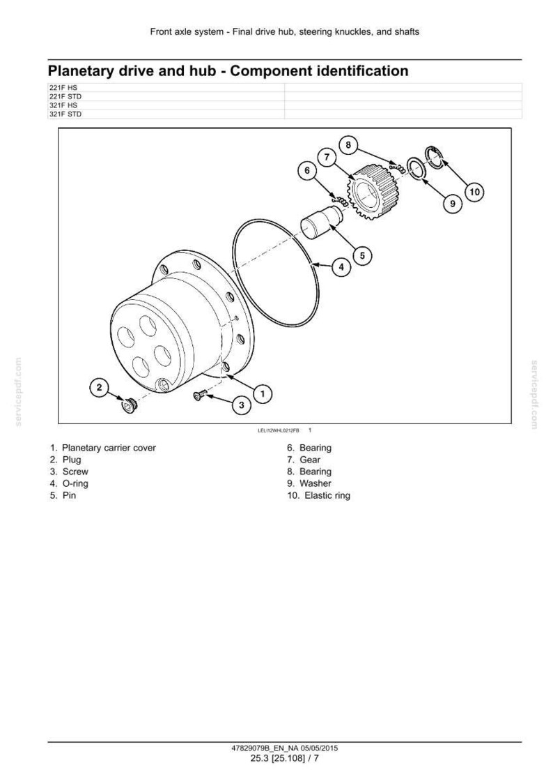 May include: Diagram of a planetary drive and hub assembly, including a planetary carrier cover, plug, screw, O-ring, pin, bearings, gear, washer, and elastic ring. The image is a component identification guide.