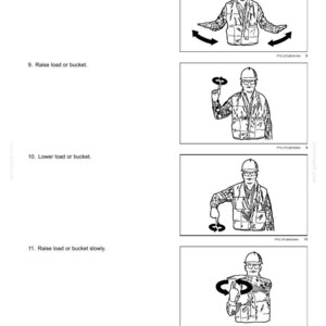 May include: Safety information diagrams showing hand signals. The illustrations depict a person in a hard hat and safety vest demonstrating signals for emergency stop, raising and lowering a load or bucket, and raising a load slowly.