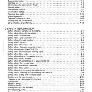 Puede incluir: Una p&aacute;gina de &iacute;ndice en blanco y negro de un manual t&eacute;cnico. El documento enumera secciones de informaci&oacute;n general y de seguridad, incluyendo subtemas como compatibilidad electromagn&eacute;tica, mantenimiento y procedimientos de emergencia.