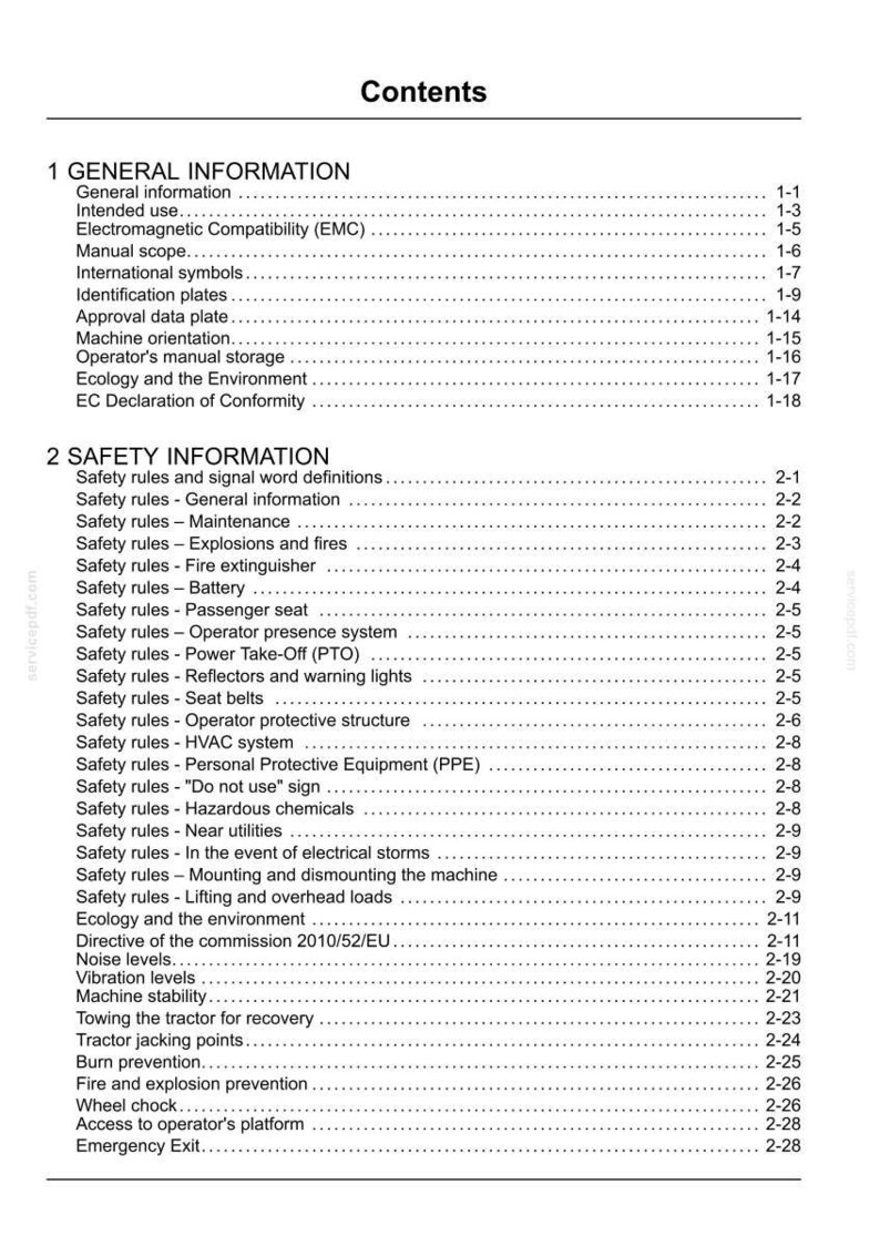Puede incluir: Una p&aacute;gina de &iacute;ndice en blanco y negro de un manual t&eacute;cnico. El documento enumera secciones de informaci&oacute;n general y de seguridad, incluyendo subtemas como compatibilidad electromagn&eacute;tica, mantenimiento y procedimientos de emergencia.