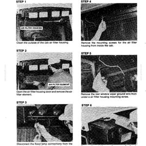 K&ouml;nnte beinhalten: Ein Schwarz-Wei&szlig;-Diagramm, das die Schritte zum Ausbau eines Kabinen-Gebl&auml;segeh&auml;uses veranschaulicht. Die Schritte umfassen Reinigen, Entfernen von Schrauben und Trennen von Dr&auml;hten. Textbeschriftungen identifizieren Teile wie das Luftfiltergeh&auml;use und das Element.