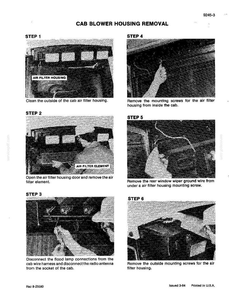 K&ouml;nnte beinhalten: Ein Schwarz-Wei&szlig;-Diagramm, das die Schritte zum Ausbau eines Kabinen-Gebl&auml;segeh&auml;uses veranschaulicht. Die Schritte umfassen Reinigen, Entfernen von Schrauben und Trennen von Dr&auml;hten. Textbeschriftungen identifizieren Teile wie das Luftfiltergeh&auml;use und das Element.