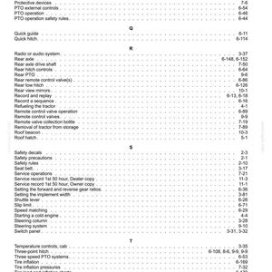 May include: A black and white index page from a technical manual, listing topics from Power beyond valve to Tractor storage. The text is organized alphabetically under headers Q, R, S, and T, with corresponding page numbers on the right side.