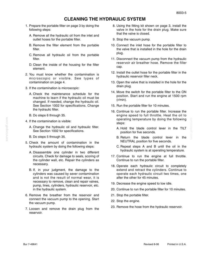 May include: A printed page with instructions for cleaning a hydraulic system. The text includes numbered steps, with sub-steps, detailing the process. The document is titled "CLEANING THE HYDRAULIC SYSTEM".