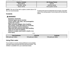 May include: A technical maintenance document page titled 7-MAINTENANCE. It contains a table for Sulphur in Fuel oil change periods and a warning section regarding hazardous chemicals in coolants, including specific parts per million limits.