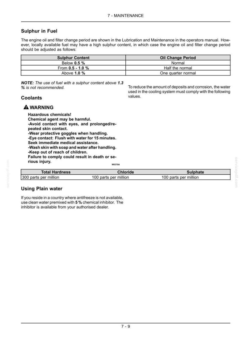 May include: A technical maintenance document page titled 7-MAINTENANCE. It contains a table for Sulphur in Fuel oil change periods and a warning section regarding hazardous chemicals in coolants, including specific parts per million limits.