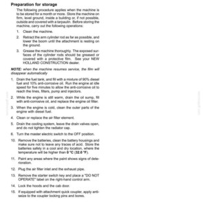 May include: A technical document page titled 7 - MAINTENANCE, detailing storage preparation procedures for machinery. It lists fifteen numbered steps for cleaning, draining fuel and oil, battery removal, and securing the machine, including a temperature note of 32.0 &deg;F.
