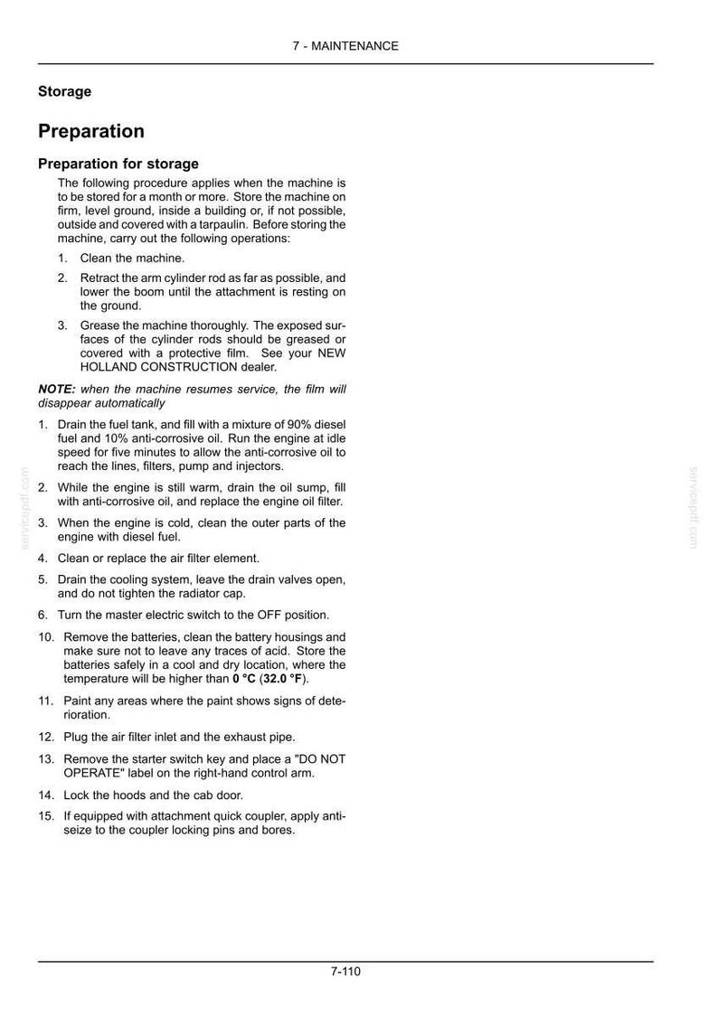 May include: A technical document page titled 7 - MAINTENANCE, detailing storage preparation procedures for machinery. It lists fifteen numbered steps for cleaning, draining fuel and oil, battery removal, and securing the machine, including a temperature note of 32.0 &deg;F.