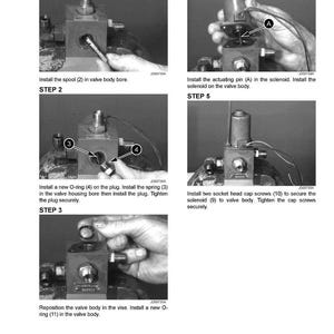 May include: A grayscale diagram illustrating the assembly of a valve body. The steps include installing a spool, O-rings, a spring, and the solenoid. The diagram is labeled with numbered steps and component references.