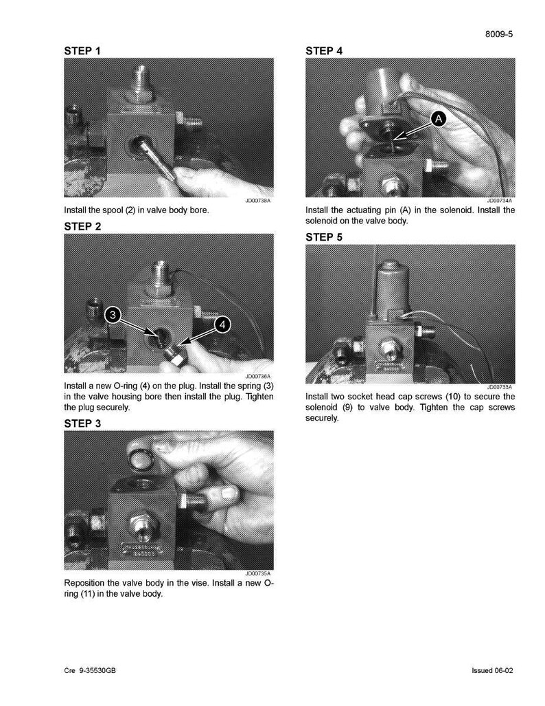 May include: A grayscale diagram illustrating the assembly of a valve body. The steps include installing a spool, O-rings, a spring, and the solenoid. The diagram is labeled with numbered steps and component references.