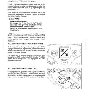 May include: A technical manual page titled 6-WORKING OPERATIONS detailing PTO drive procedures. It includes text instructions, a warning box, and two diagrams: one showing a digital display with a PTO symbol and another showing a switch labeled 1, 2, and 3.