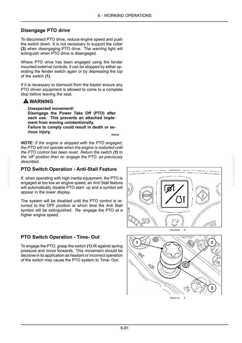 May include: A technical manual page titled 6-WORKING OPERATIONS detailing PTO drive procedures. It includes text instructions, a warning box, and two diagrams: one showing a digital display with a PTO symbol and another showing a switch labeled 1, 2, and 3.