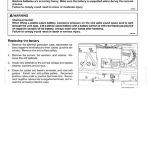 May include: A page from a maintenance manual detailing battery removal and installation. Includes safety warnings about heavy parts and chemical hazards. Instructions with diagrams are provided for replacing the battery.