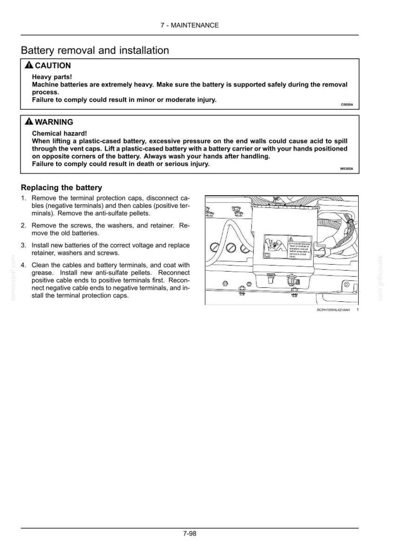May include: A page from a maintenance manual detailing battery removal and installation. Includes safety warnings about heavy parts and chemical hazards. Instructions with diagrams are provided for replacing the battery.