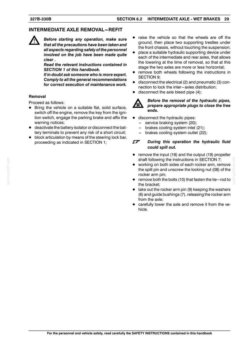 May include: A page from a vehicle repair manual with instructions for intermediate axle removal and refit. The text includes safety warnings, removal steps, and diagrams. The page is white with black text and a warning symbol.