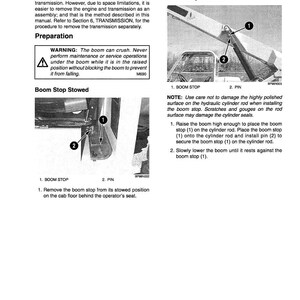May include: A page from a manual titled "Engine and Transmission Removal" with diagrams and instructions for boom stop installation. The text includes warnings and step-by-step procedures for maintenance and safety.