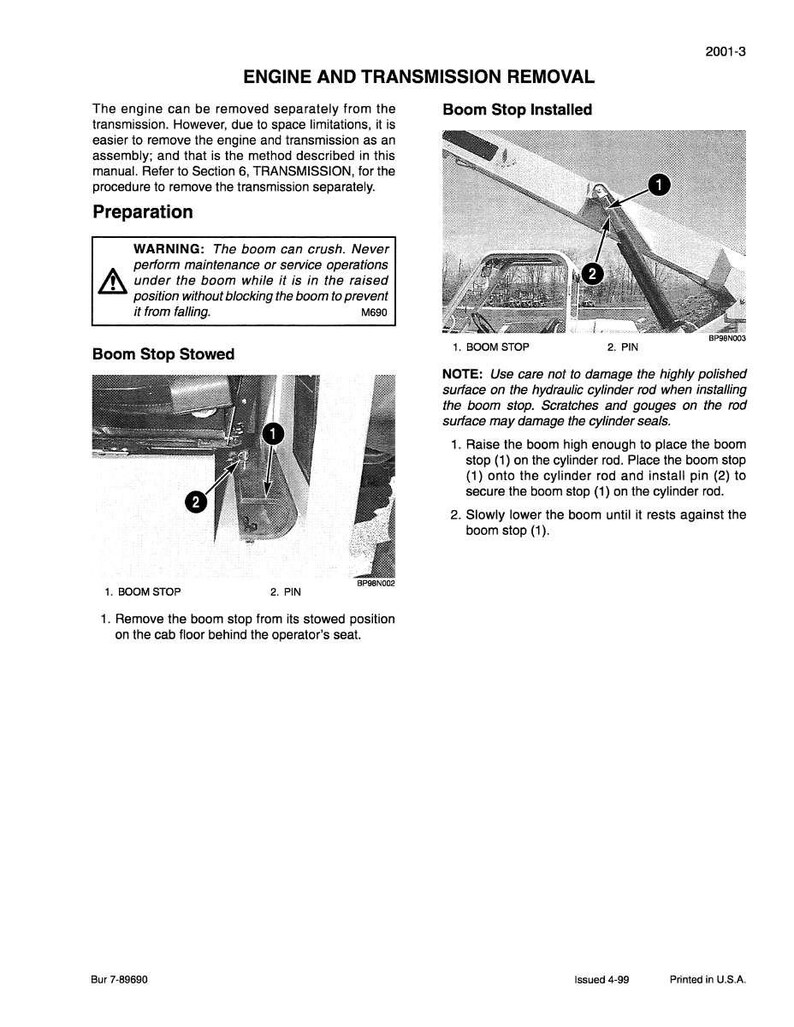 May include: A page from a manual titled "Engine and Transmission Removal" with diagrams and instructions for boom stop installation. The text includes warnings and step-by-step procedures for maintenance and safety.
