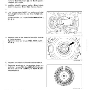May include: Technical diagram illustrating the rear axle system installation. The image shows various components like bolts, washers, and nuts, with torque values in Newton-metres and pound-feet. Instructions cover trunnion, drive shaft, and wheel installation.