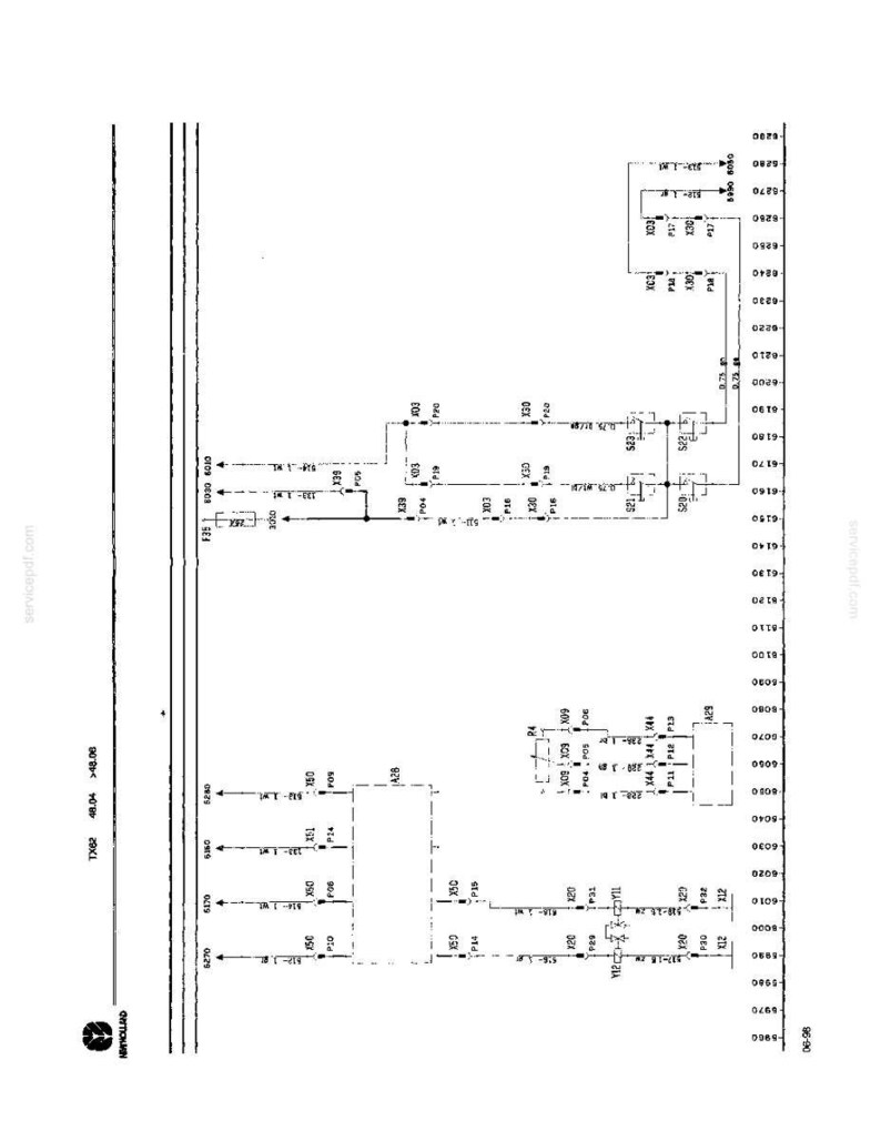May include: A technical electrical schematic diagram for New Holland TX62 machinery, featuring black lines, various numbered connection points, and component labels on a white background. The document includes the text TX62 48.04 > 48.06.