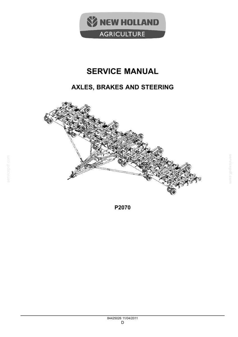 Pu&ograve; includere: Una copertina di manuale di servizio New Holland Agriculture per assali, freni e sterzo. Il documento presenta il logo del marchio, il titolo SERVICE MANUAL, il sottotitolo AXLES, BRAKES AND STEERING, un disegno tecnico del P2070 e 84425026 11/04/2011 D.