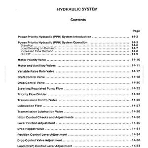 May include: A page from a manual titled "HYDRAULIC SYSTEM." The top of the page reads "Section 14." The contents list includes topics like "Power Priority Hydraulic System," "Motor Priority Valve," and "Transmission Control Valve."