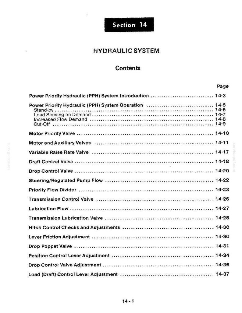 May include: A page from a manual titled "HYDRAULIC SYSTEM." The top of the page reads "Section 14." The contents list includes topics like "Power Priority Hydraulic System," "Motor Priority Valve," and "Transmission Control Valve."
