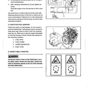 May include: A technical manual page titled Machine Operation, featuring diagrams for refueling a fuel tank with a 6.6 gallon capacity, checking for fuel leakage in a fuel system with a fuel filter and water separator, and a warning about rotating parts.