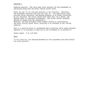 Op de afbeelding: Een witte pagina met de titel "HYDRAULIC CIRCUIT" en een beschrijving van het hydraulische circuit. De tekst bevat technische details over de kleppenbankinlaatselector, stromen en de reissnelheid, met een bereik van 0 tot 1,85 km/h.