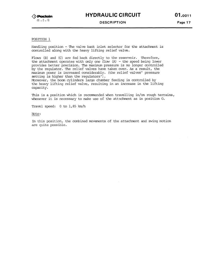 Op de afbeelding: Een witte pagina met de titel "HYDRAULIC CIRCUIT" en een beschrijving van het hydraulische circuit. De tekst bevat technische details over de kleppenbankinlaatselector, stromen en de reissnelheid, met een bereik van 0 tot 1,85 km/h.