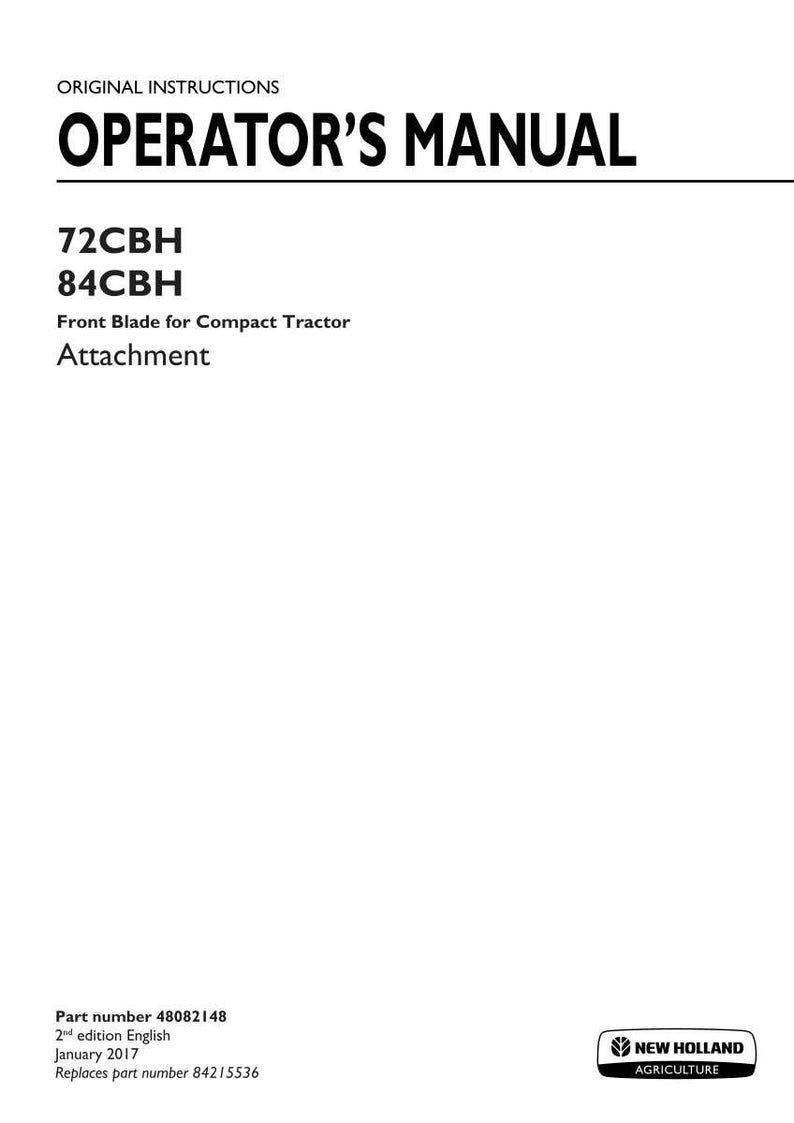 New Holland 72CBH, 84CBH Front Blade for Compact Tractor Attachment Operator Owners Operation Manual | Instant PDF Download image 3