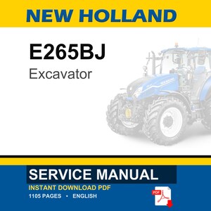 Op de afbeelding: Een servicehandleiding voor een New Holland E265BJ graafmachine. De afbeelding toont de tekst "NEW HOLLAND" in blauw op een gele achtergrond, met het modelnummer van de graafmachine en het woord "Excavator". De onderkant van de afbeelding luidt "SERVICE MANUAL".